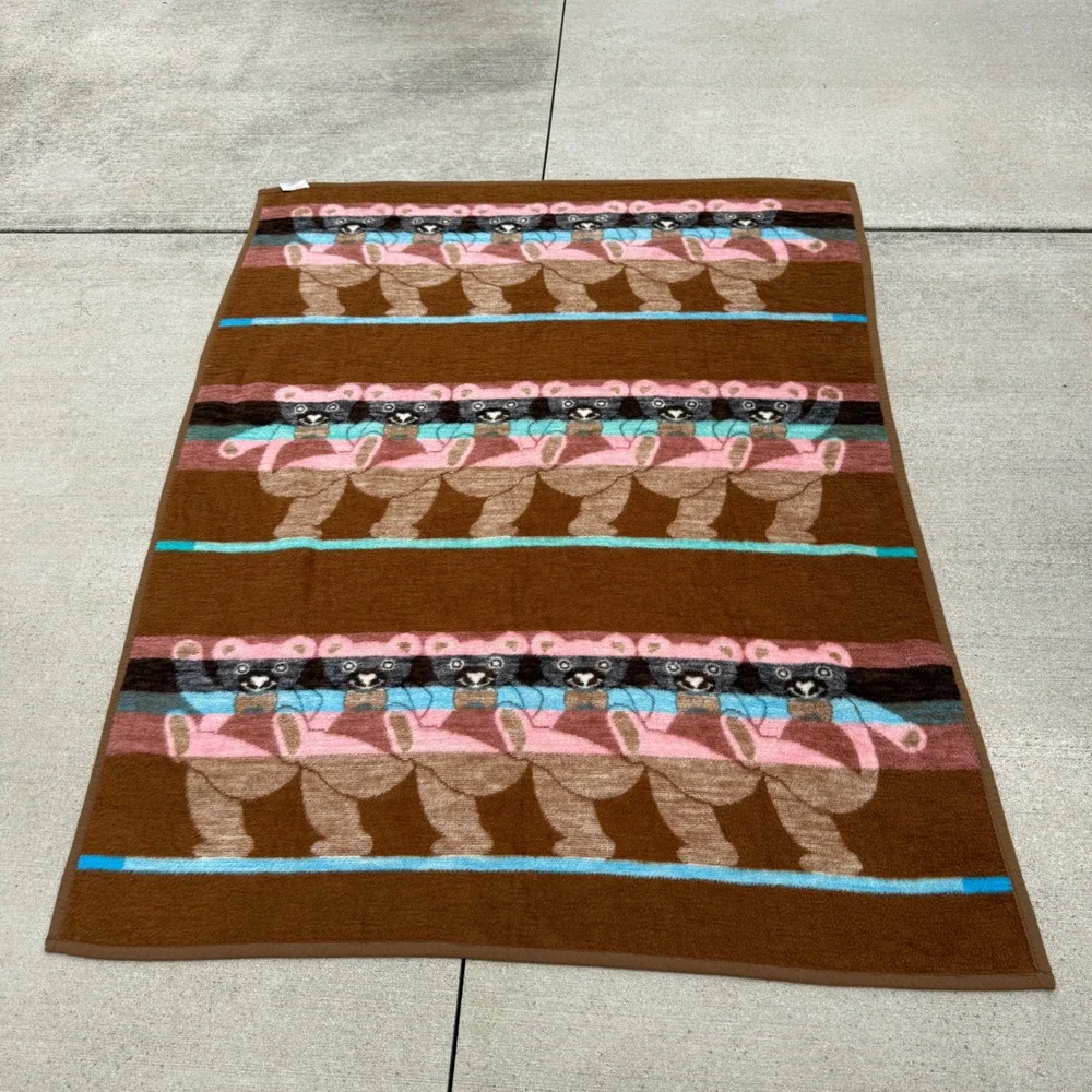 Biederlack Blanket Large Brown Dancing Teddy Bears Reversible Throw Vintage USA